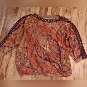 Chicos Maroon Orange Fall colors Pullover Sweater Paisley design. Small to Med.